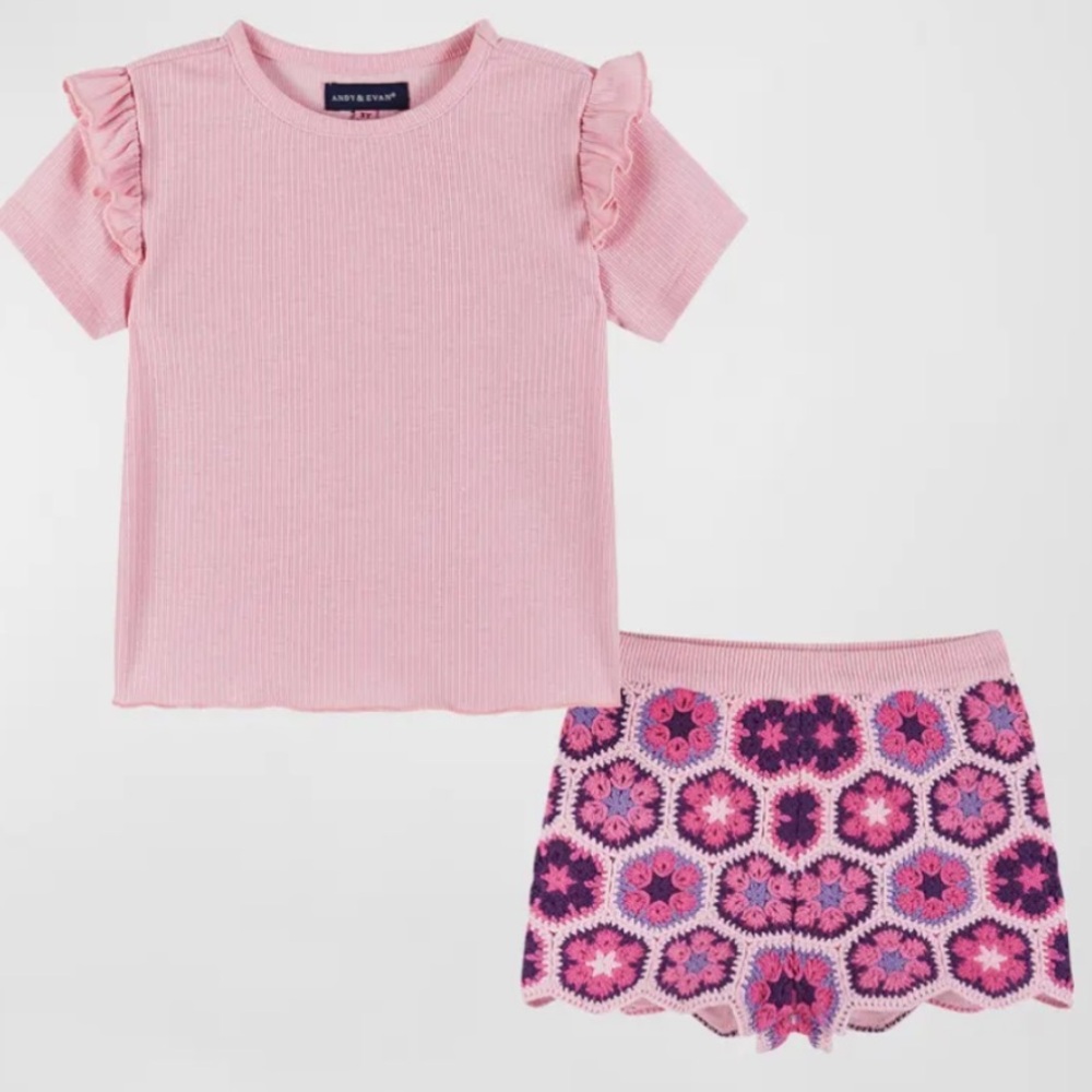 Andy & Evan Infant Baby Toddler Pink Ribbed Top Tee T-Shirt & Crochet Shorts Set